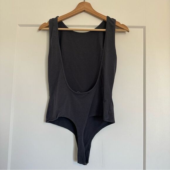 Mind Code Charcoal Gray Tank Top Bodysuit With Low Deep Exposed Thong Back - Picture 1 of 6